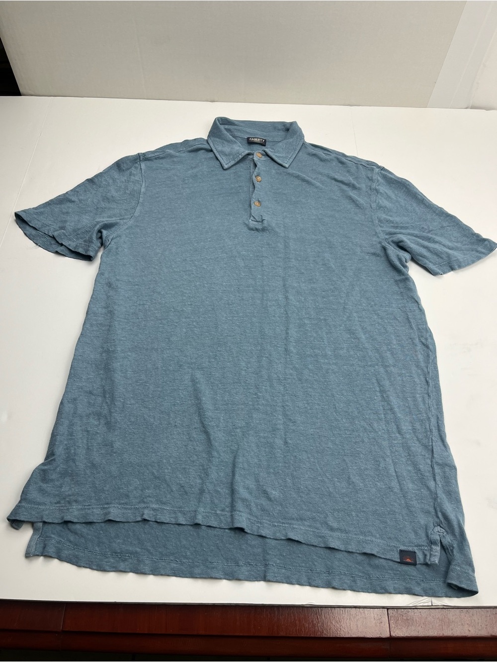 Faherty Reserve 100% Linen Blue Short Sleeve Polo Shirt Mens Large Coastal FLAW